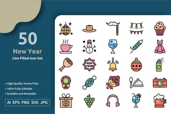 Download 50 Vector New Year Line Filled Icon Set - Vector Collection